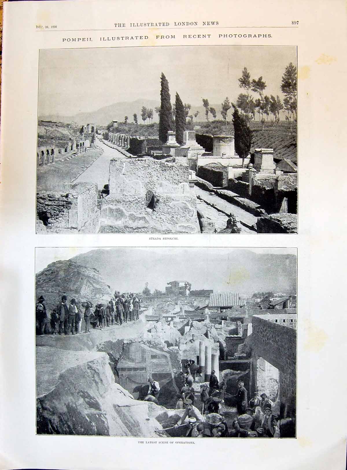 Antique Old Print 1896 Pompeii Strada Sepolcri Scene Operations Photographs
