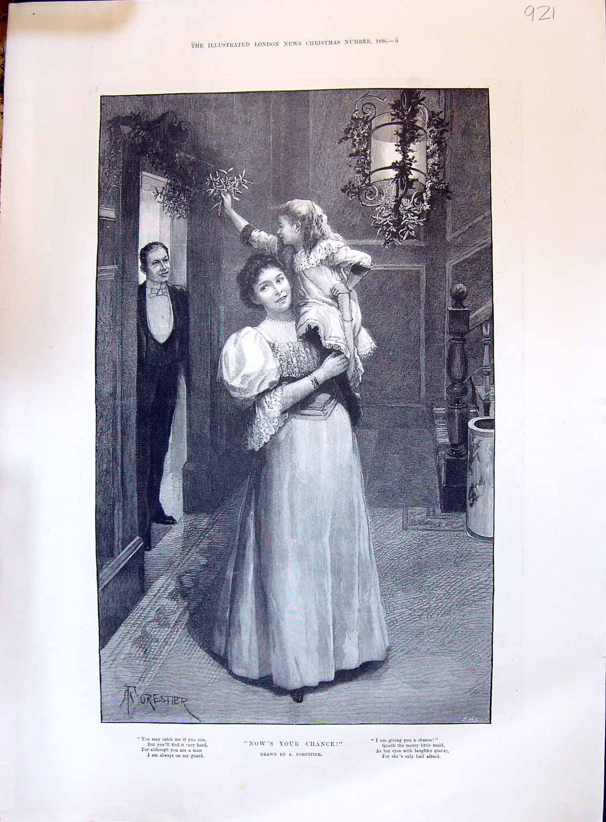 Old 1896 Christmas Mistletoe Young Girl Mother Father Love'S Tribute Victorian