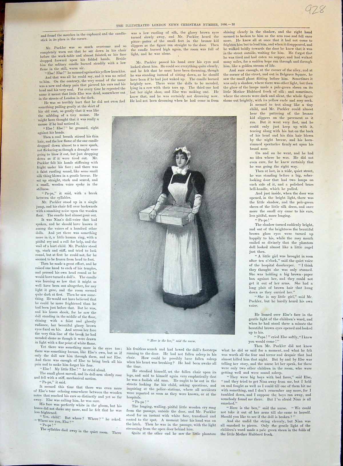 Original Old Antique Print 1896 Lady Nurse Carrying Box Man Candle Light Doll