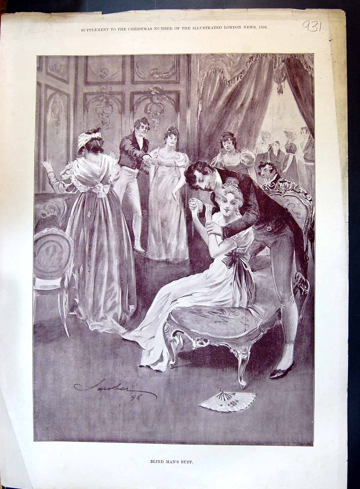 Original Old Antique Print 1896 Blind Man'S Buff Man Lady Romance Chaise Longue