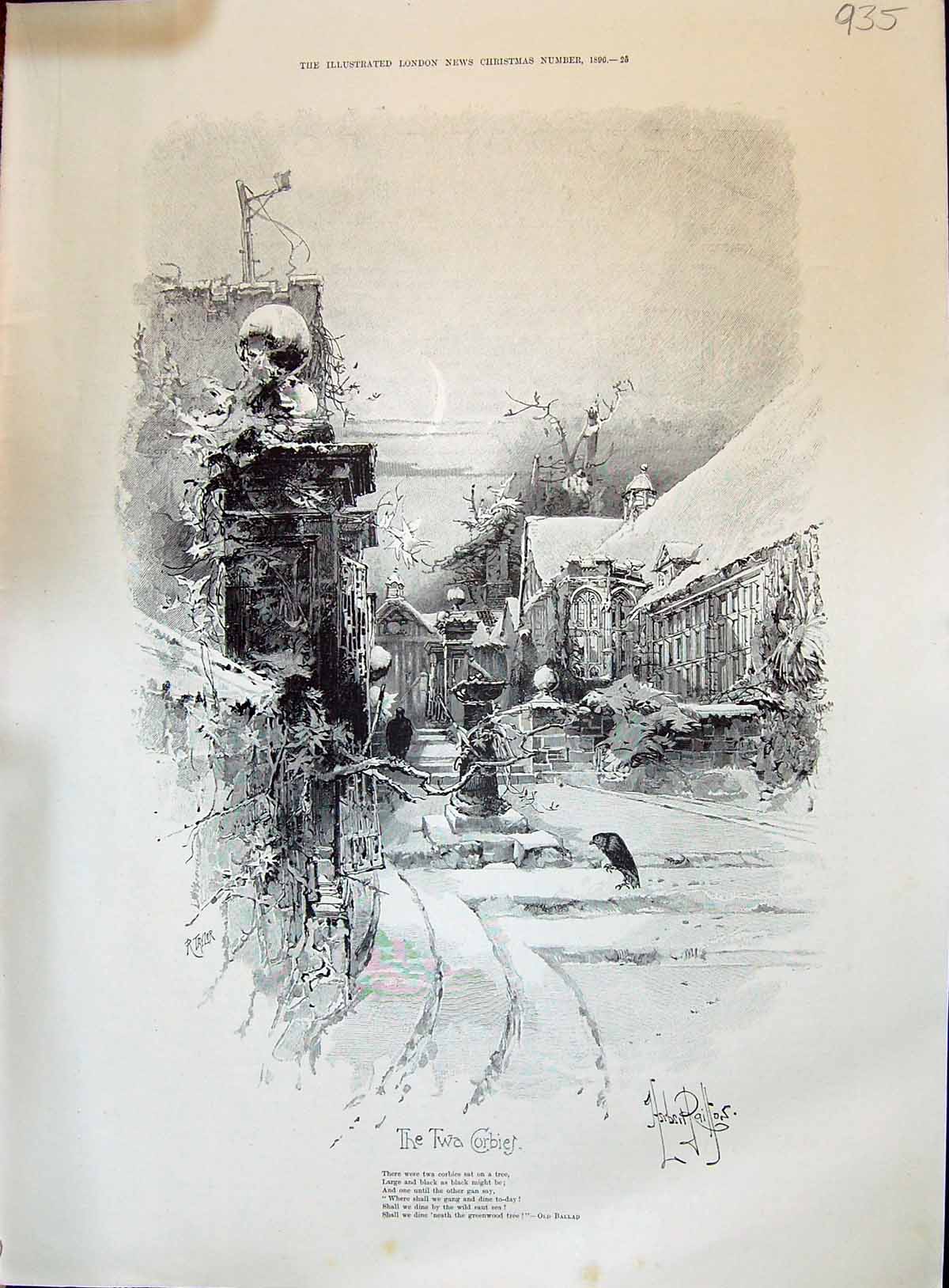 Antique Old Print 1896 Street Scene Twa Corbies Birds Snow Winter Buildings