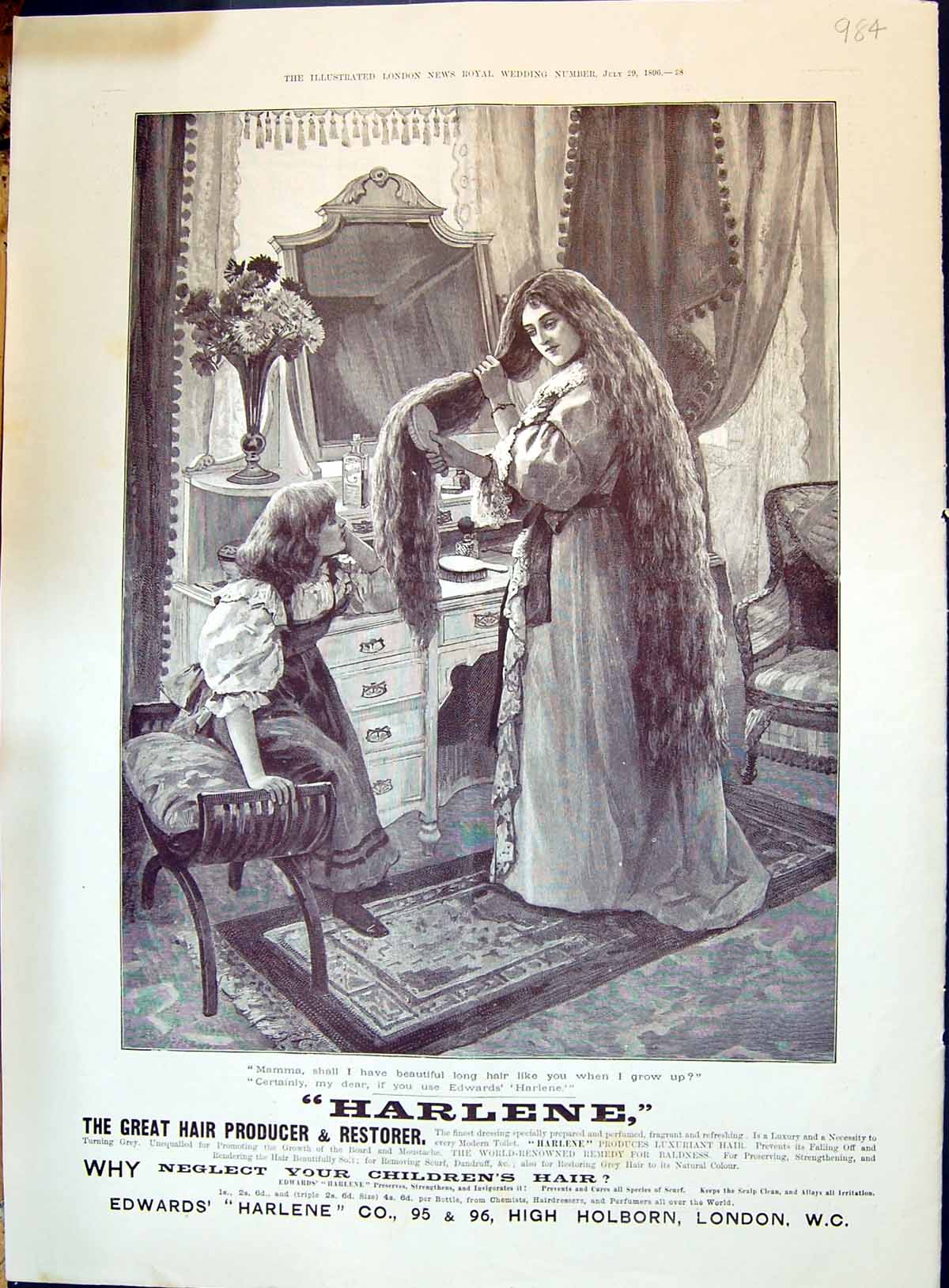 Old Print 1896 Edwards Harlene Great Hair Producer Restorer London Ref.2 19th