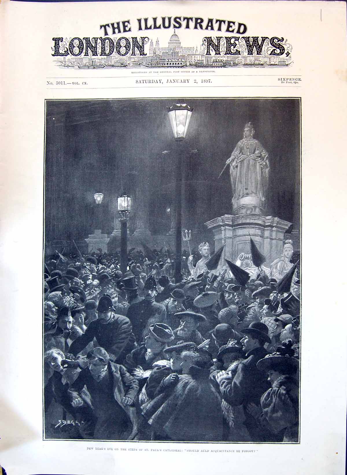 Antique Old Print 1897 New Year'S Eve Steps St. Pauls Cathedral Crowd Statue