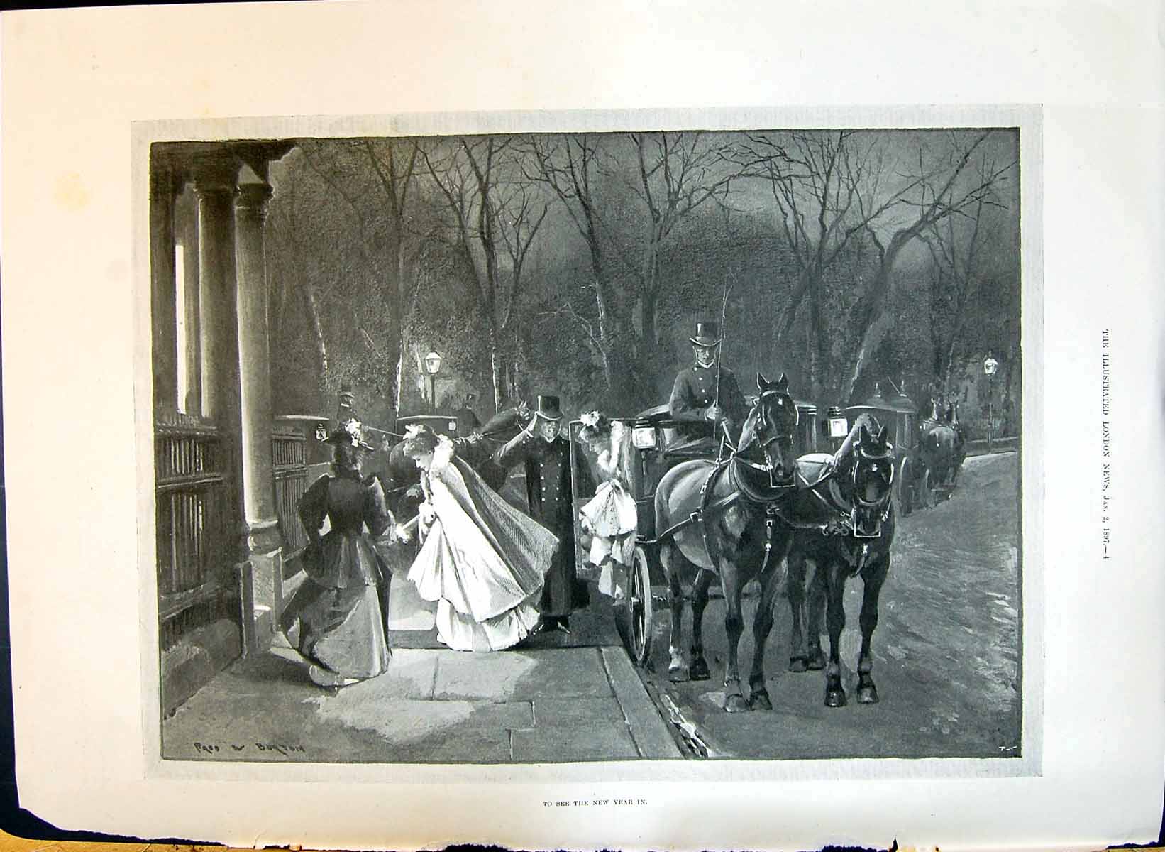 Old Print 1897 To See The New Year In Horse Carriage Woman Outdoor Scene 19th