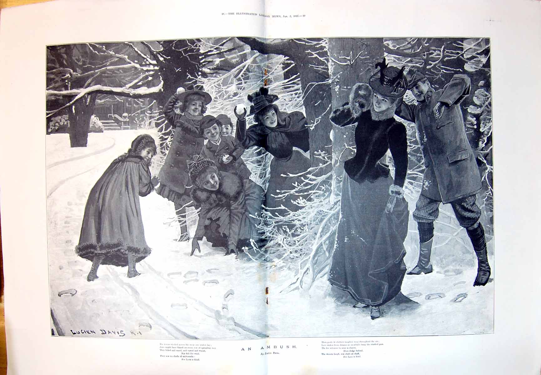 Old 1897 An Ambush Snowballs Snow Winter Weather Outdoor Scene Lucien 0 19th