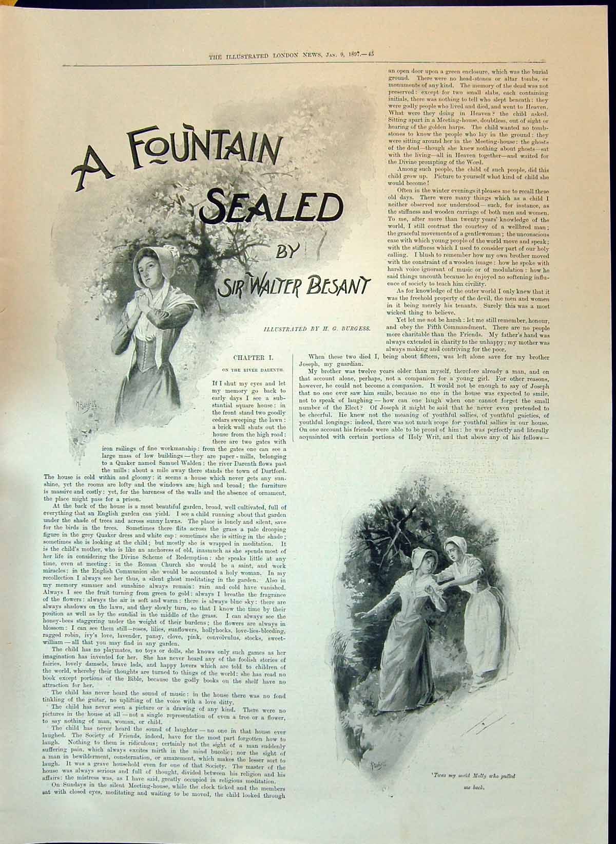 Old 1897 Fountain Sealed Sir Walter Besant Story Illustration Burgess Victorian