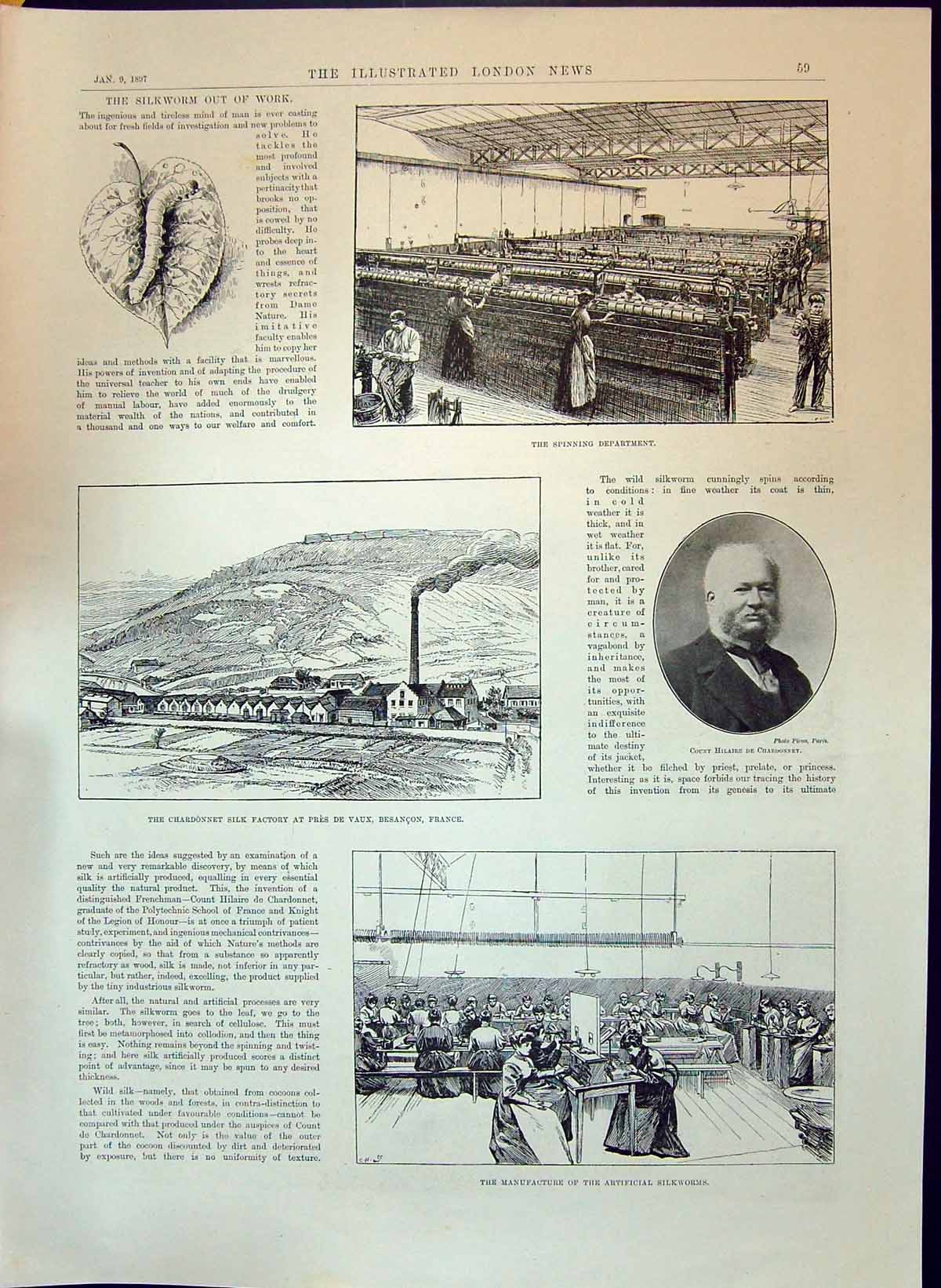 Old 1897 Artificial Silkworm Spinning Department Chardonnet Silk Fact Victorian