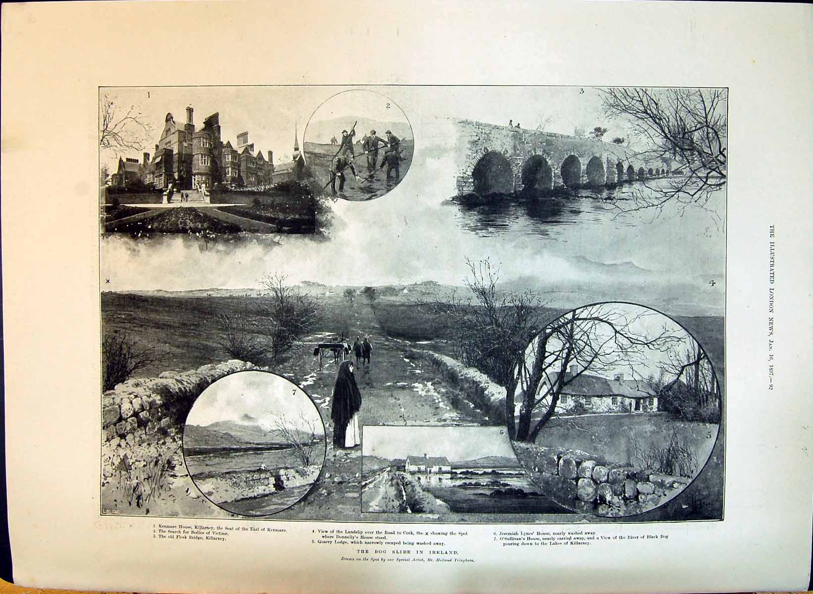 Old 1897 The Bog Slide Ireland Landslip Scenes Girl Feeding Young Bir Victorian