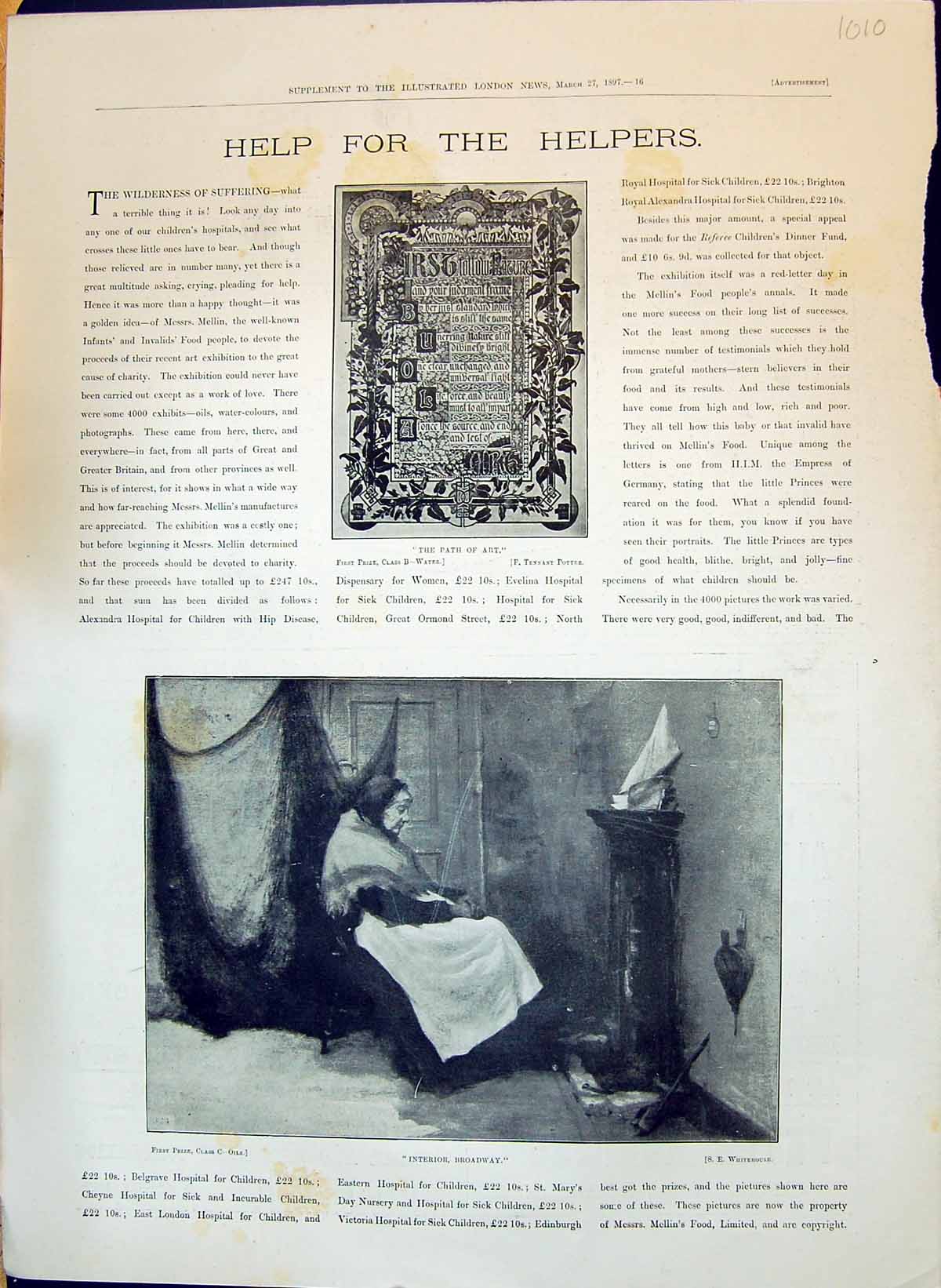 Old Print 1897 Help Helpers Path Art Interior Broadway Water Potter Oils 19th