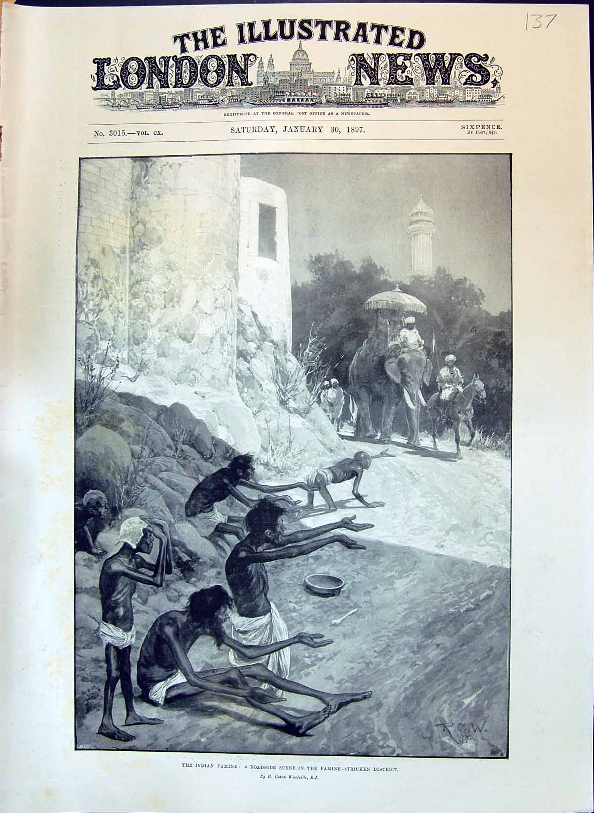 Old 1897 Indian Famine Roadside Scene Elephant Famine-Stricken Distri Victorian