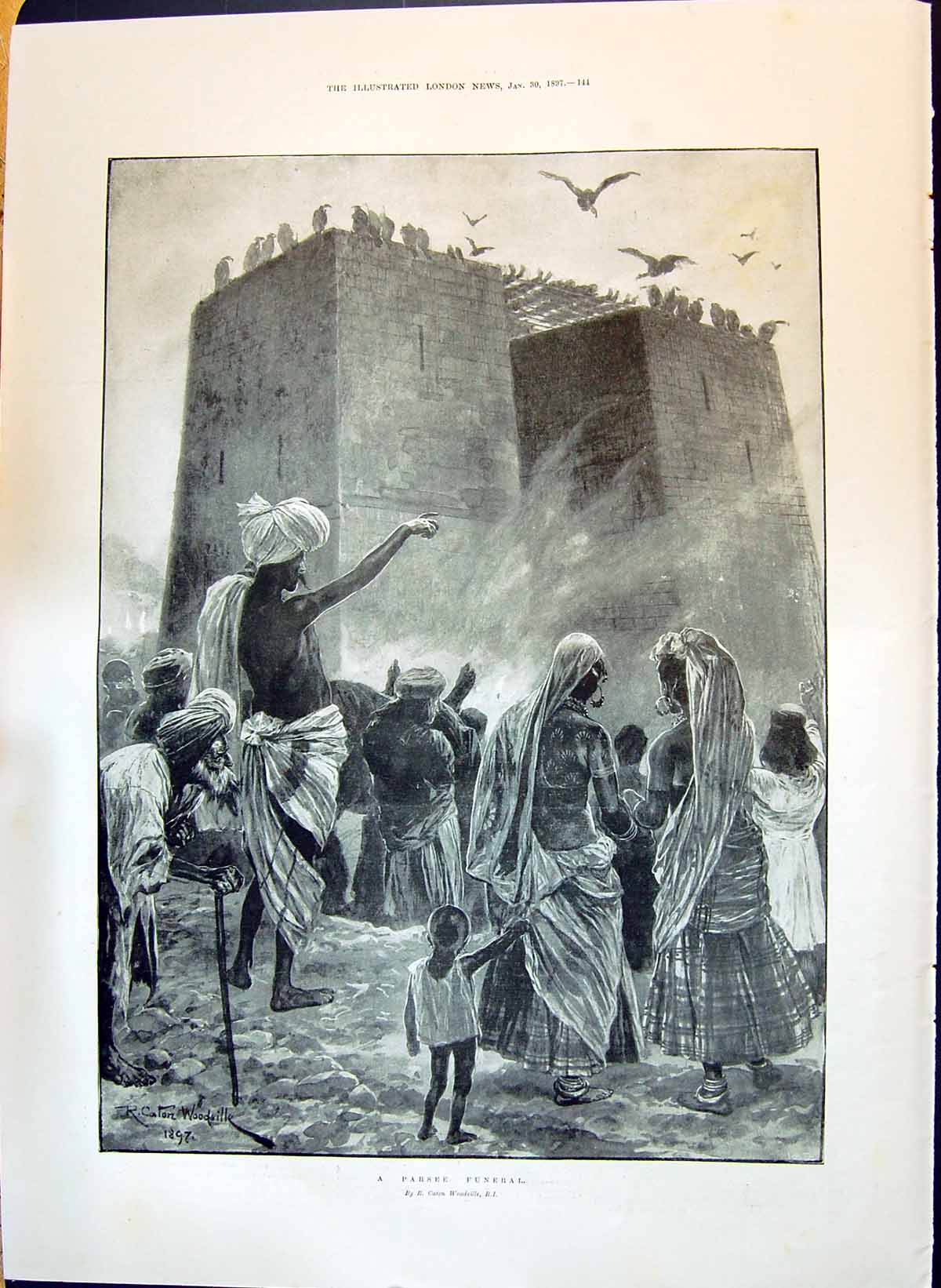 Antique Old Print 1897 Parsee Funeral Outdoor Scene Vultures Birds Woodville