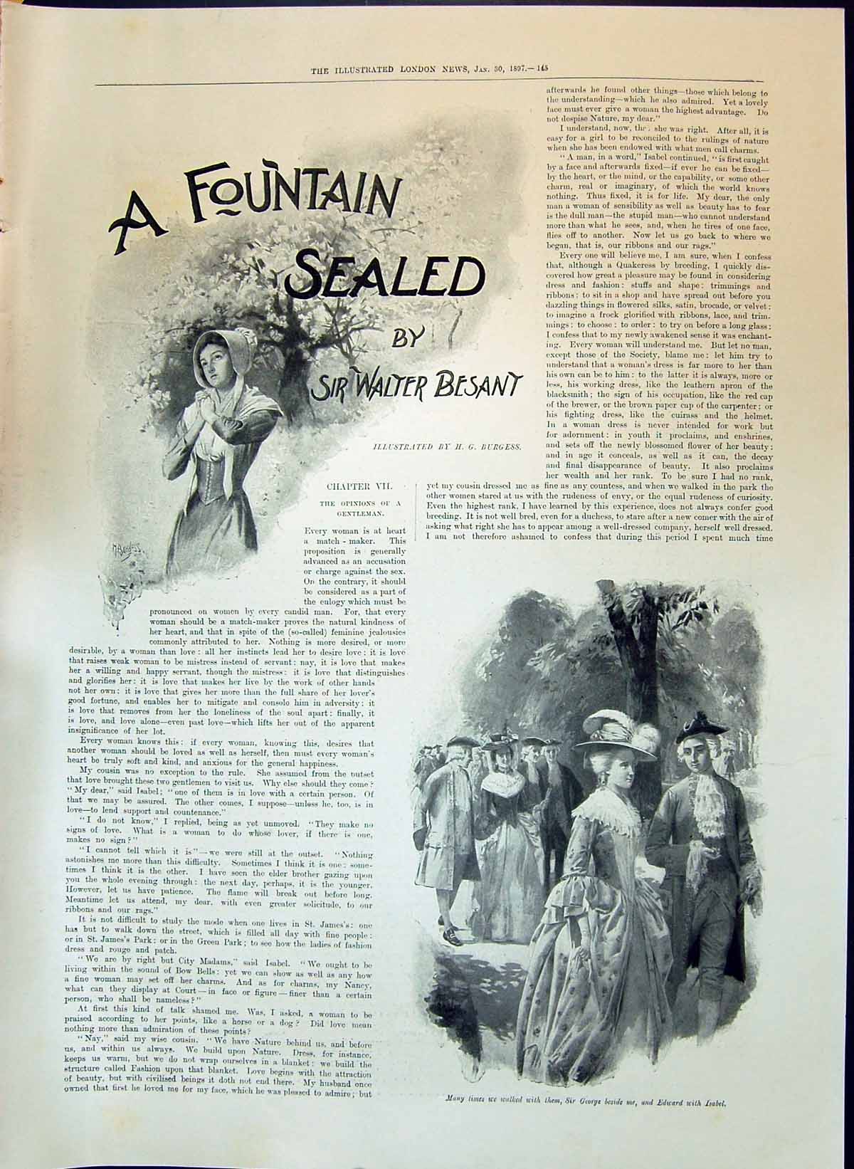 Old 1897 Fountain Sealed Sir Walter Besant Story Illustration Burgess Victorian
