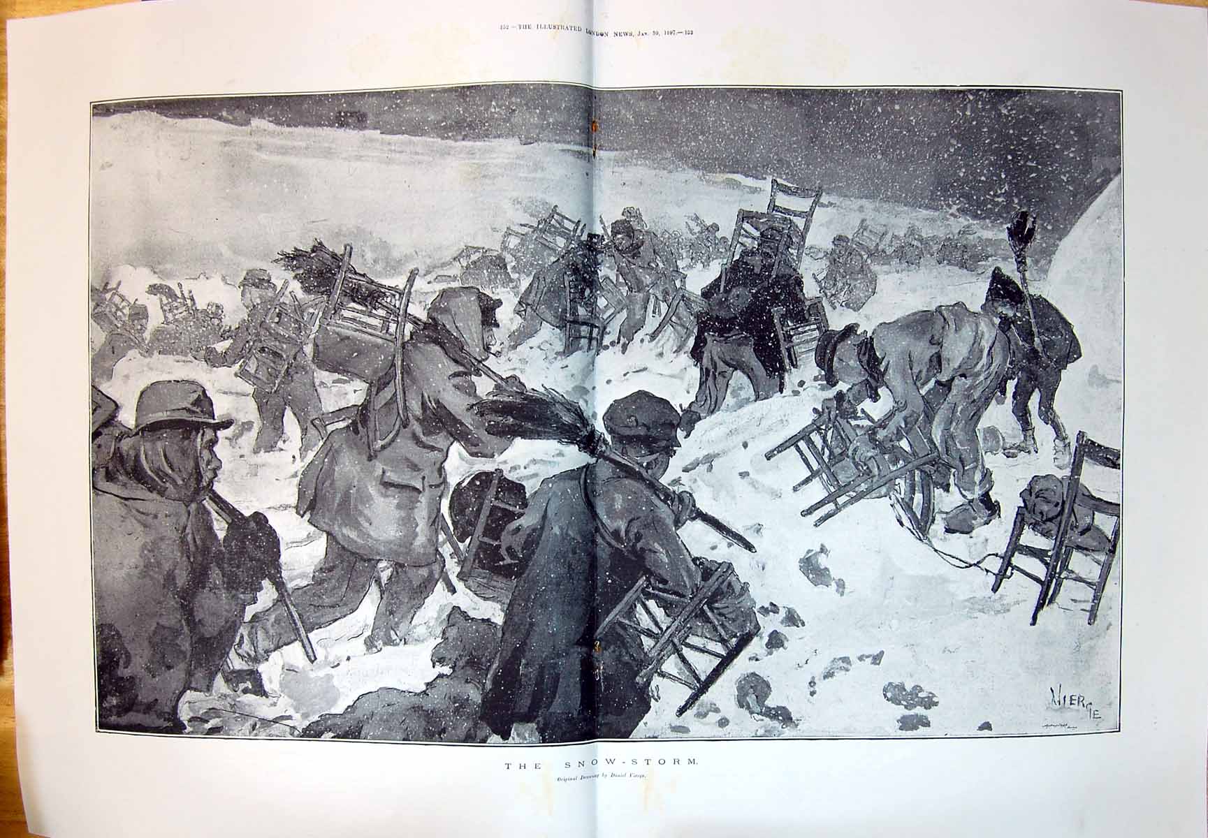 Old 1897 Snow Storm Outdoor Scene Winter Weather Drawing By Daniel Vi 19th
