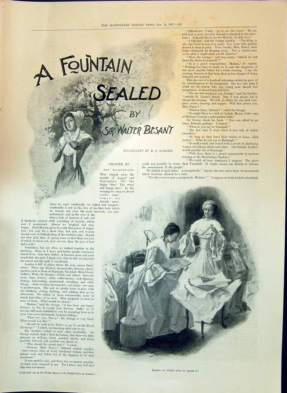 Old 1897 Fountain Sealed Sir Walter Besant Illustration Story Burgess Victorian