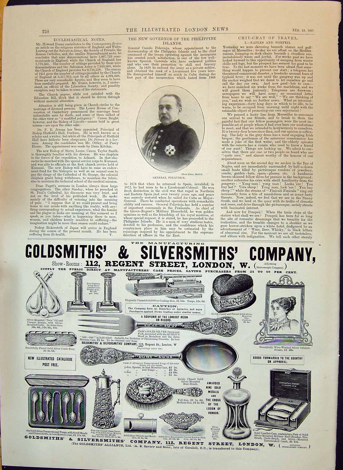 Old Print 1897 General Polavieja Portrait Gsmiths Silversmiths Company A 19th