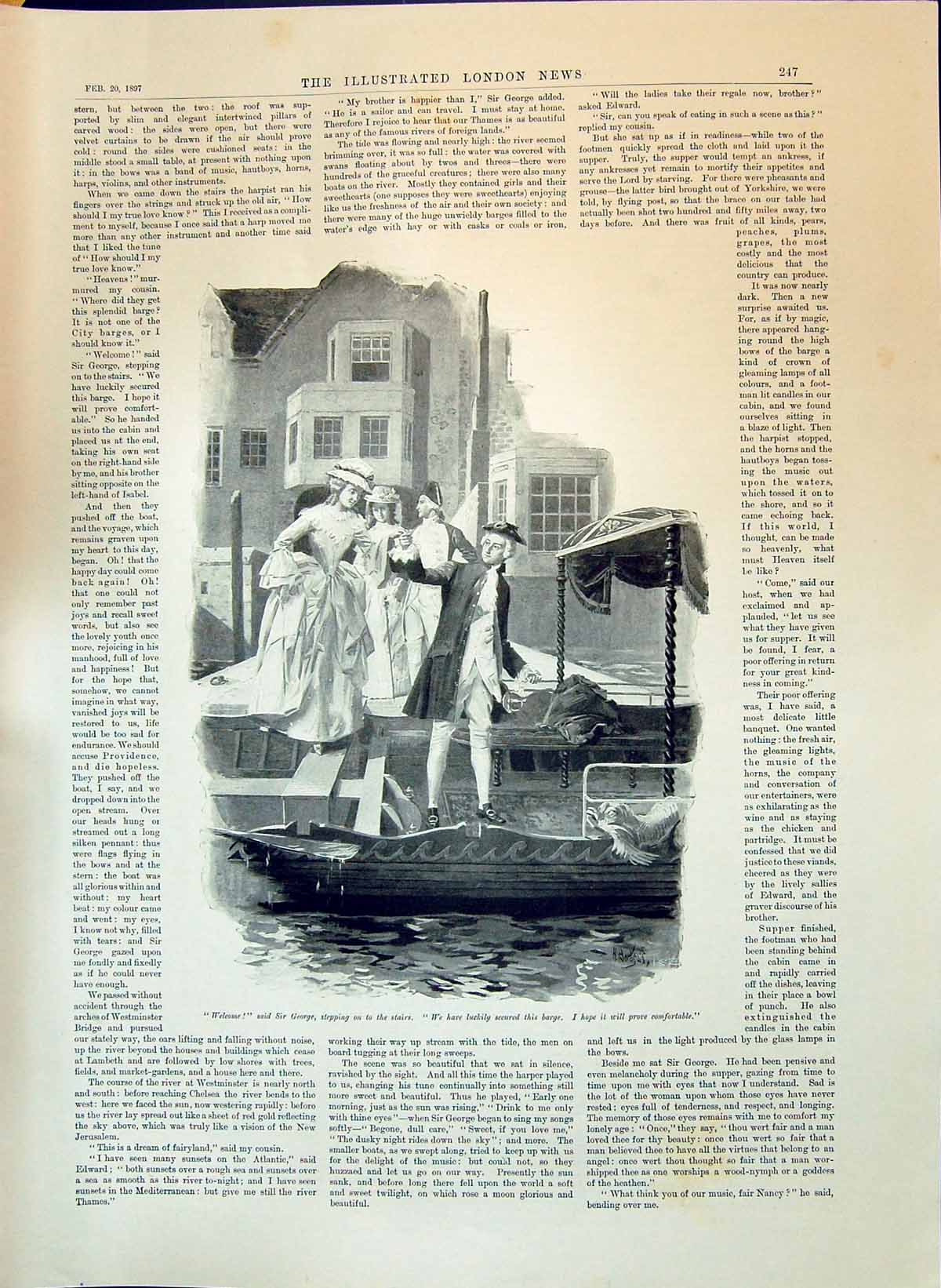 Old Antique Print 1897 Romance River Boat Man Woman Outdoor Scene Burgess 19th