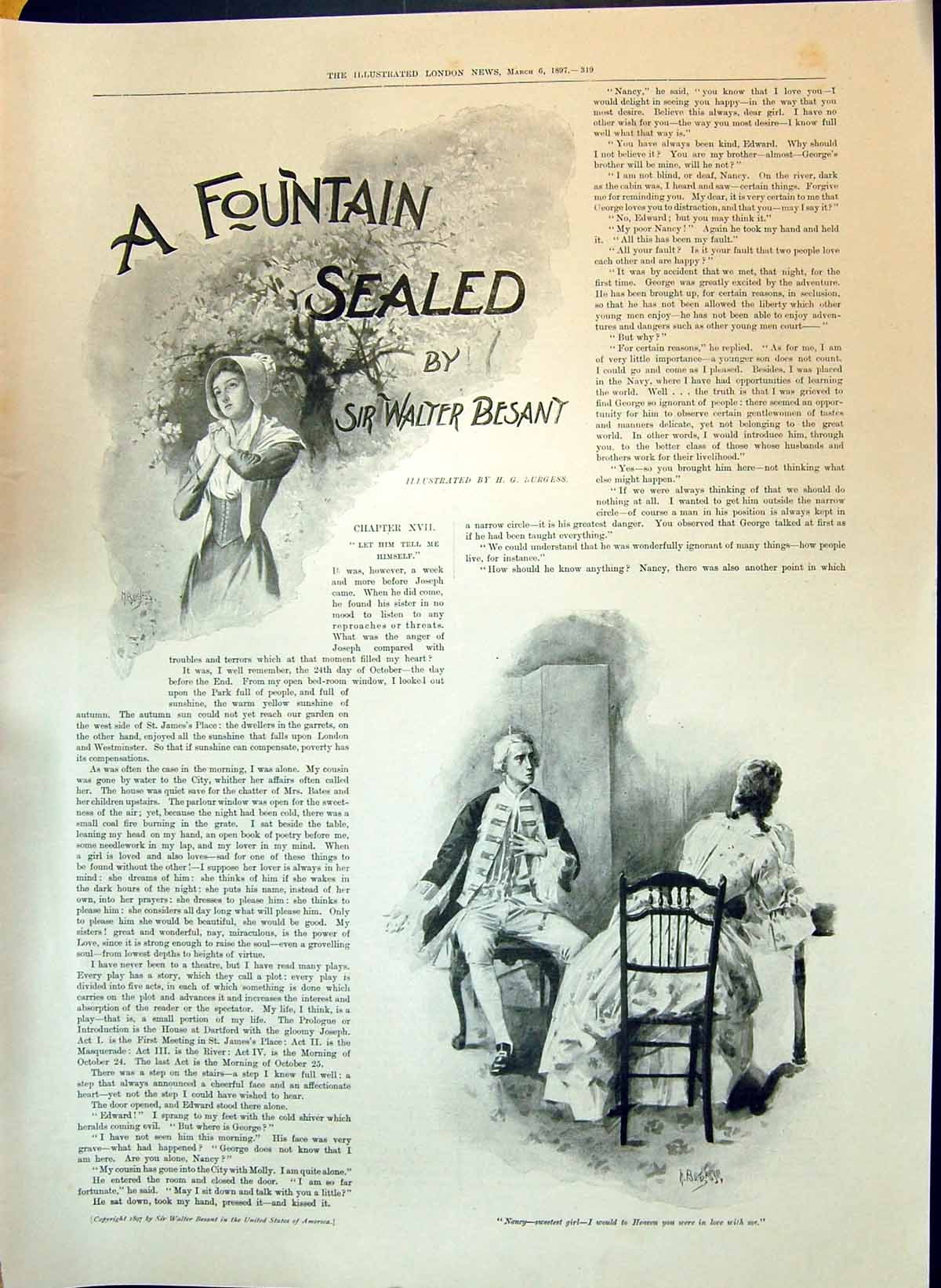 Old 1897 Fountain Sealed Sir Walter Besant Illustration Story Burgess Victorian
