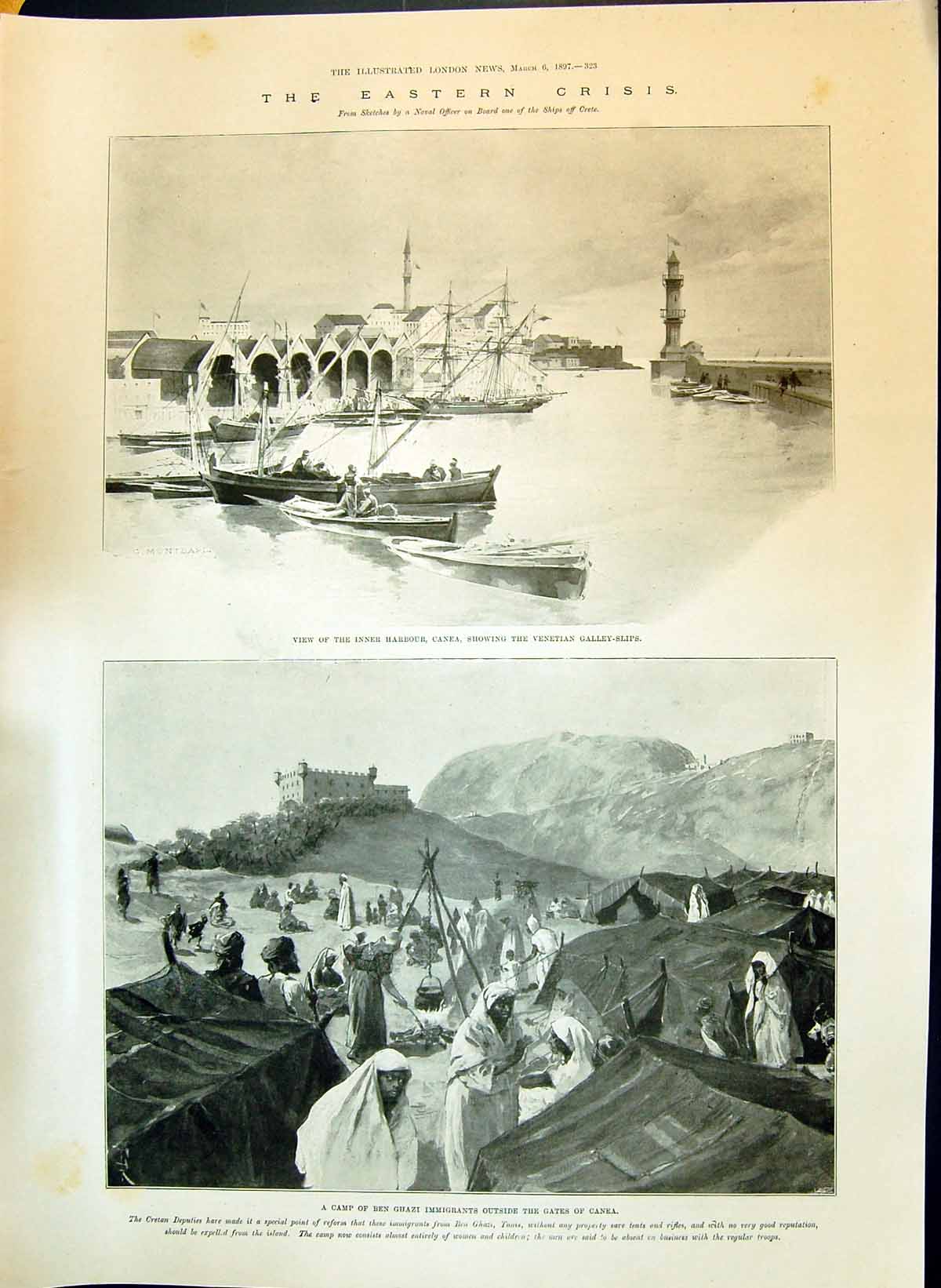 Old 1897 Eastern Crisis Inner Harbour Canea Ben Ghazi Camp Cretan Ins Victorian