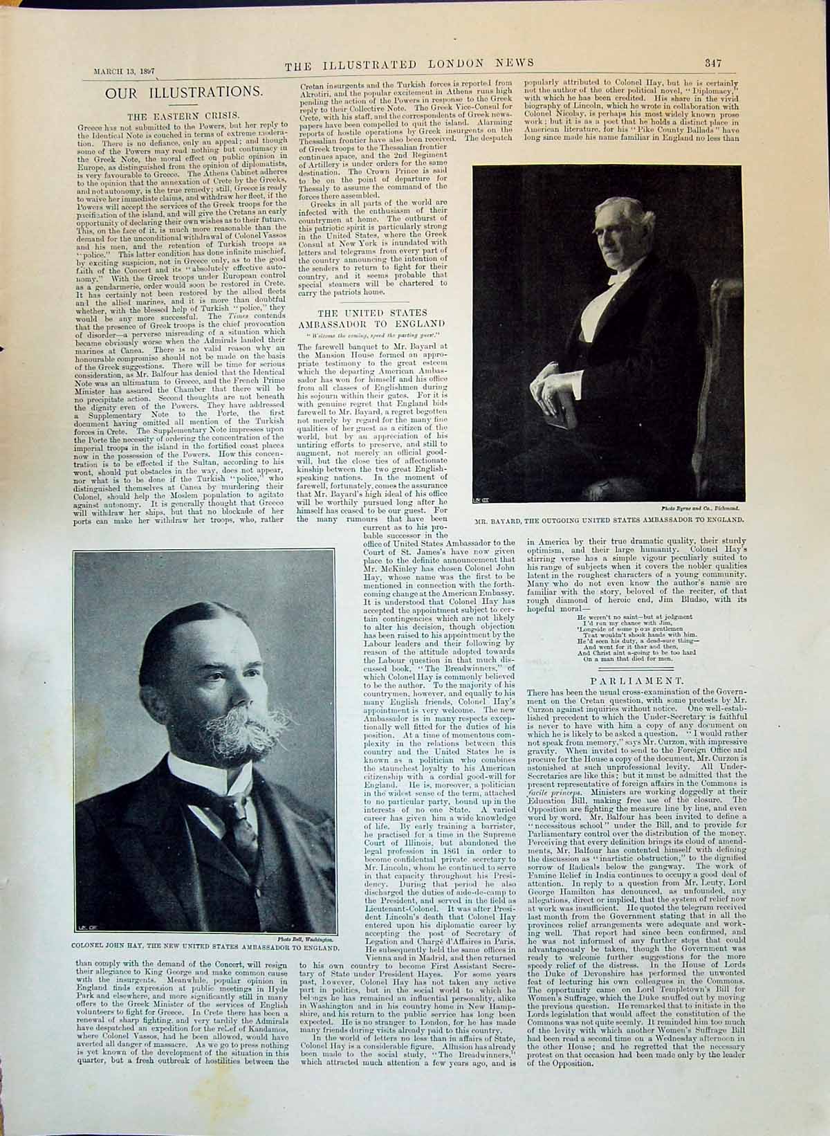 Old 1897 Bayard United States Ambassador Colonel John Hay England Mar Victorian