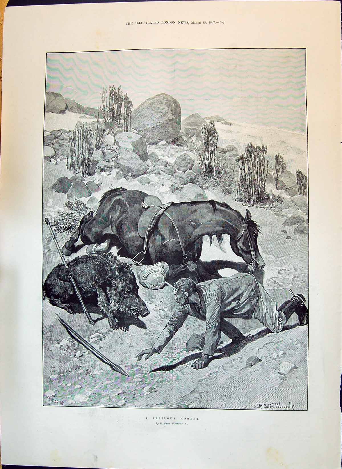 Old Print 1897 Perilous Moment Man Horse Wild Boar Woodville Delyannis Collins B