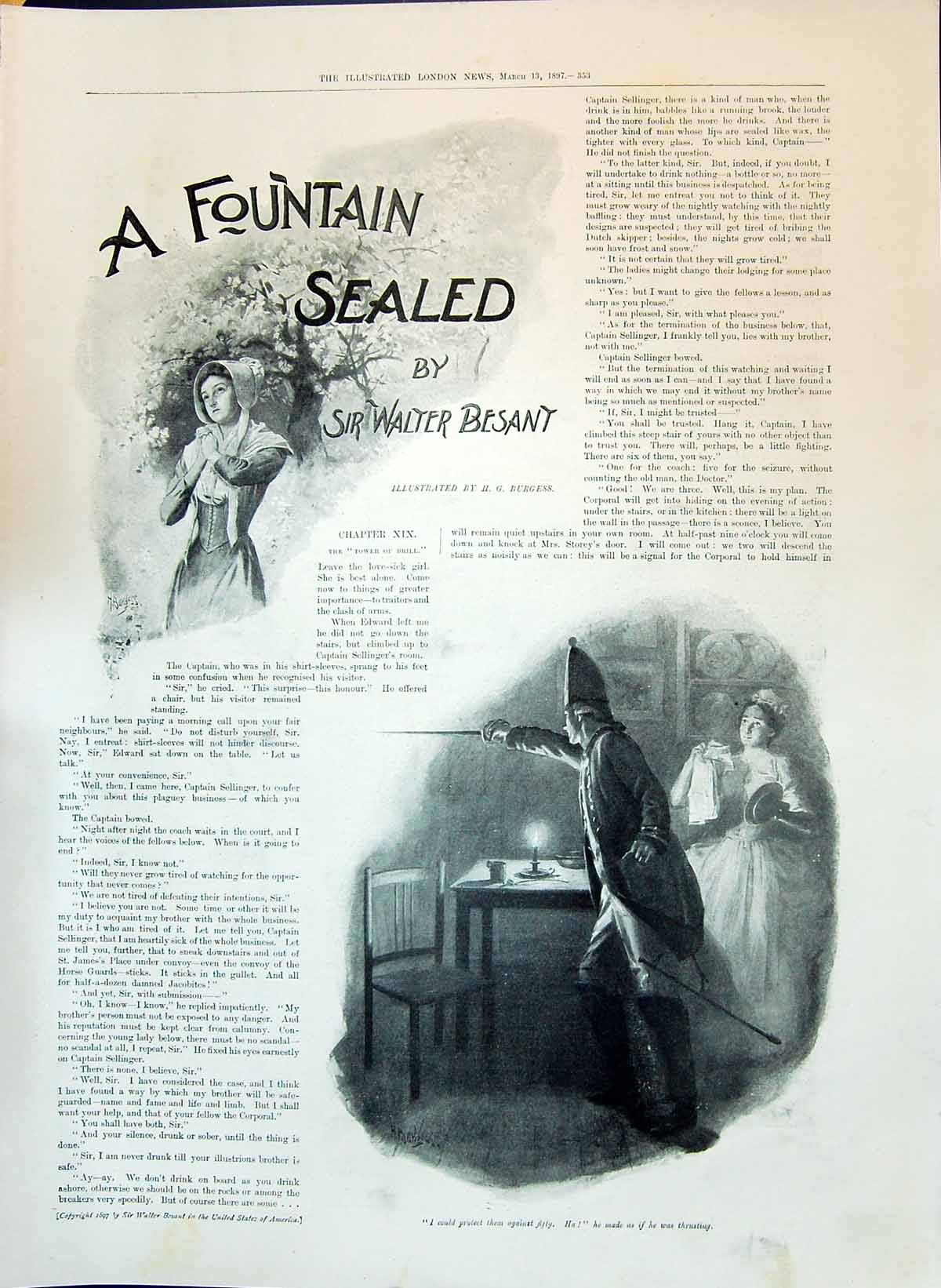 Old 1897 Fountain Sealed Sir Walter Besant Illustration Story Burgess Victorian