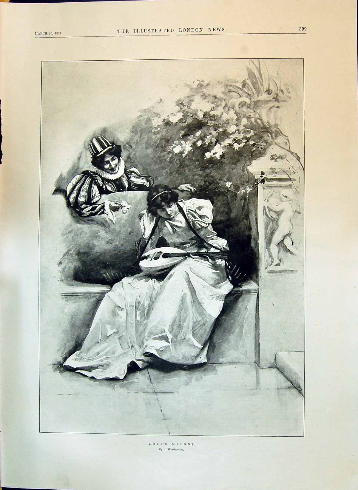 Antique Print 1897 Love'S Melody Weatherstone Young Woman Man Outdoor Scene