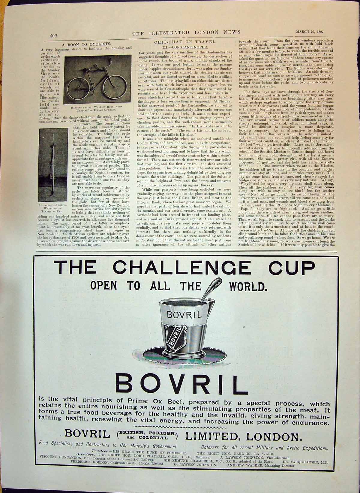 Old 1897 Cyclists Bicycles Hanging On Wall Challenge Cup Bovril Adver Victorian