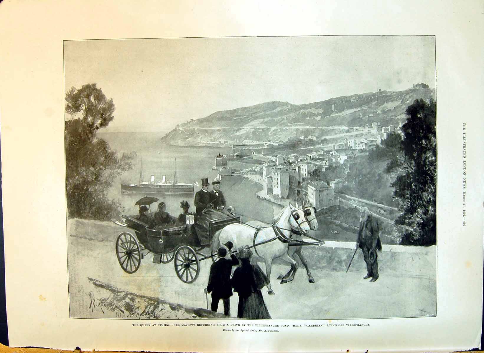 Print 1897 Queen At Cimiez Villefrance Road H.M.S. Cambrian Forestier Austria