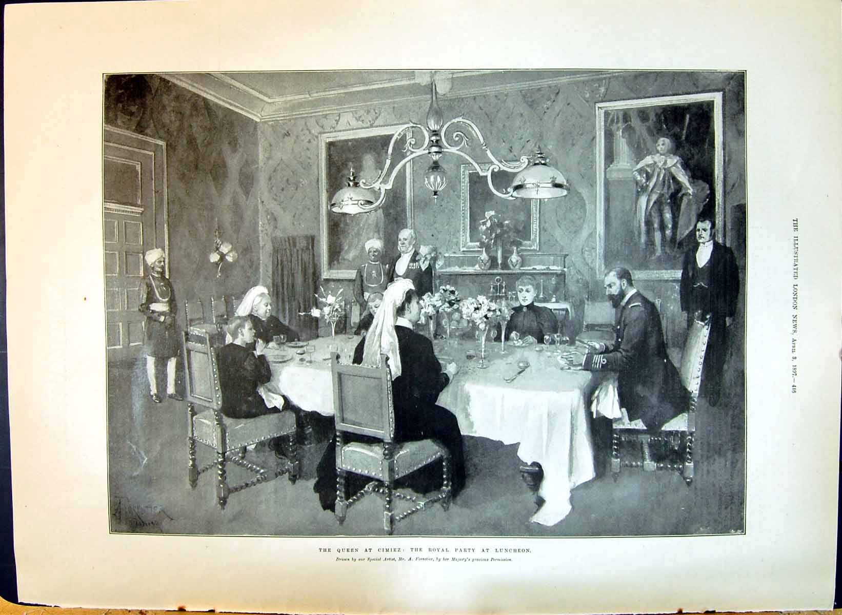 Old Print 1897 Queen Cimiez Royal Party Luncheon Admirals Combined Fleet S 19th