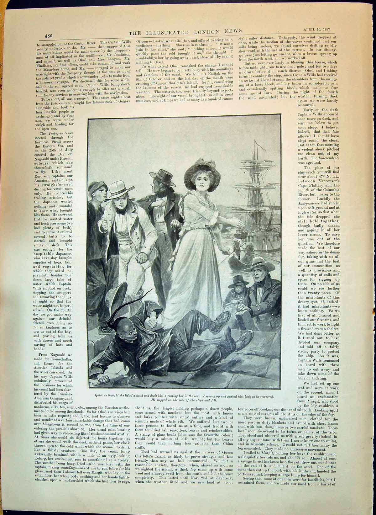 Original Old Antique Print 1897 Ship People Japanese Man Woman Box In The Ear