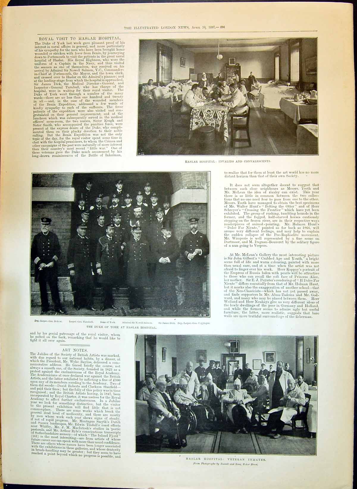Old Print 1897 Haslar Hospital Duke York Veteran Inmates Mayflower Auste 19th