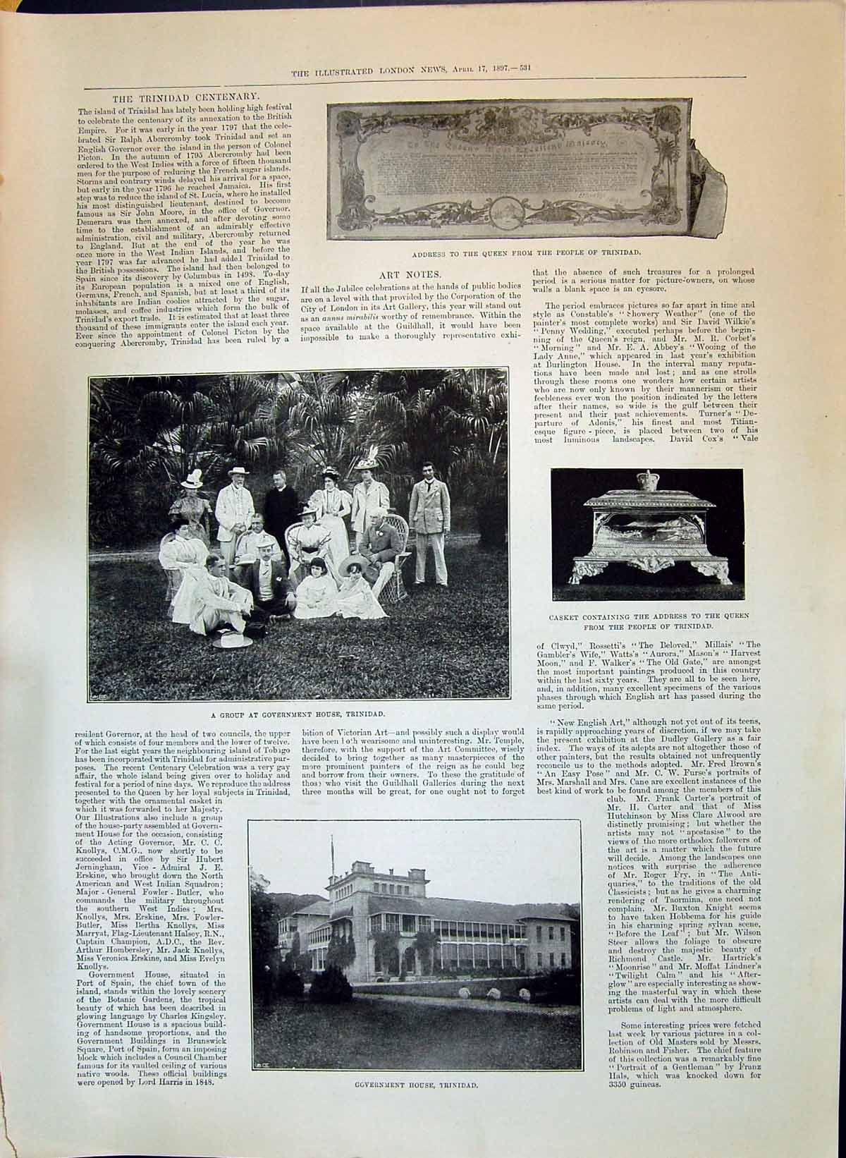 Antique Old Print 1897 Trinidad Centenary Casket Queen Address Government Hous