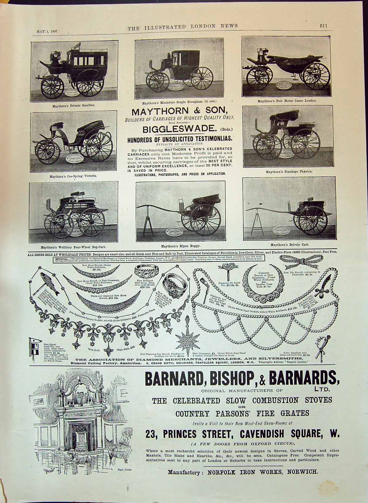 Old 1897 Maythorn Carriages Advertisement Barnard Bishop Diamond Cutt Victorian