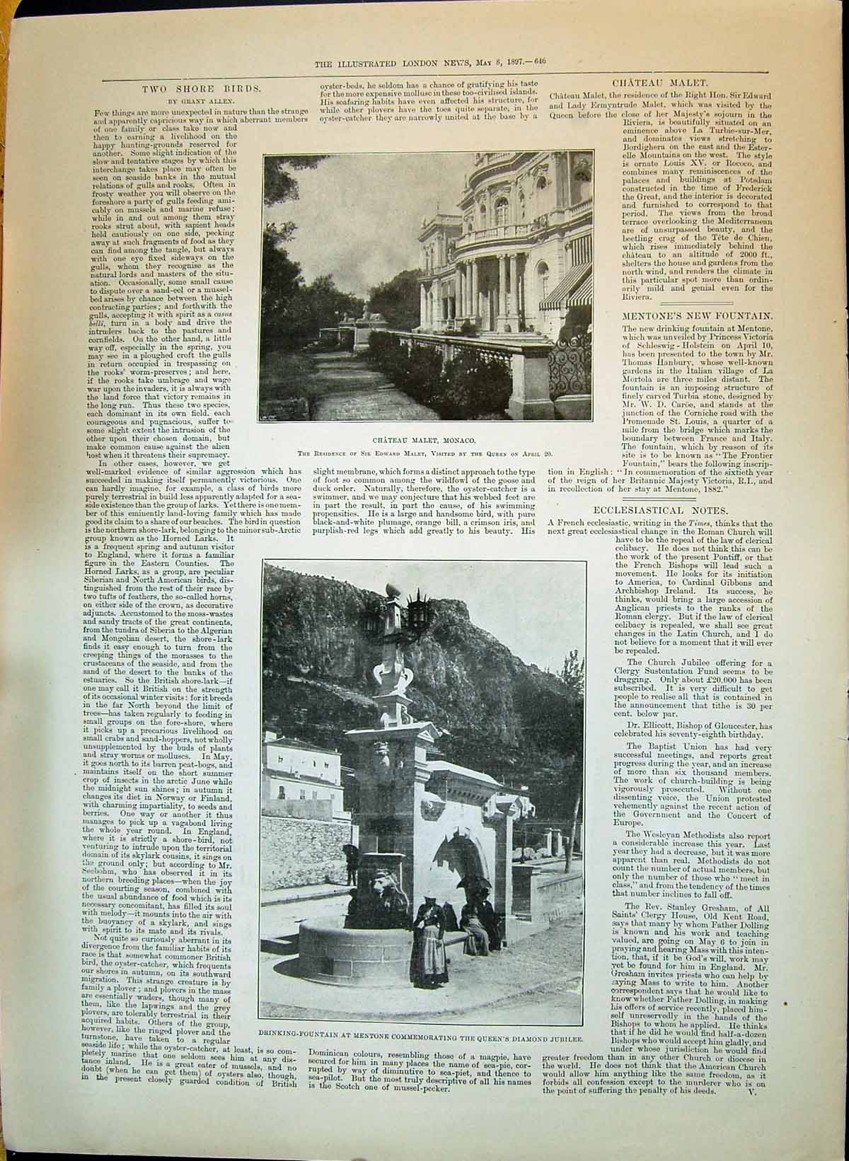 Old 1897 Chateau Malet Monaco Drinking-Fountain Mentone Queen'S Diamo Victorian