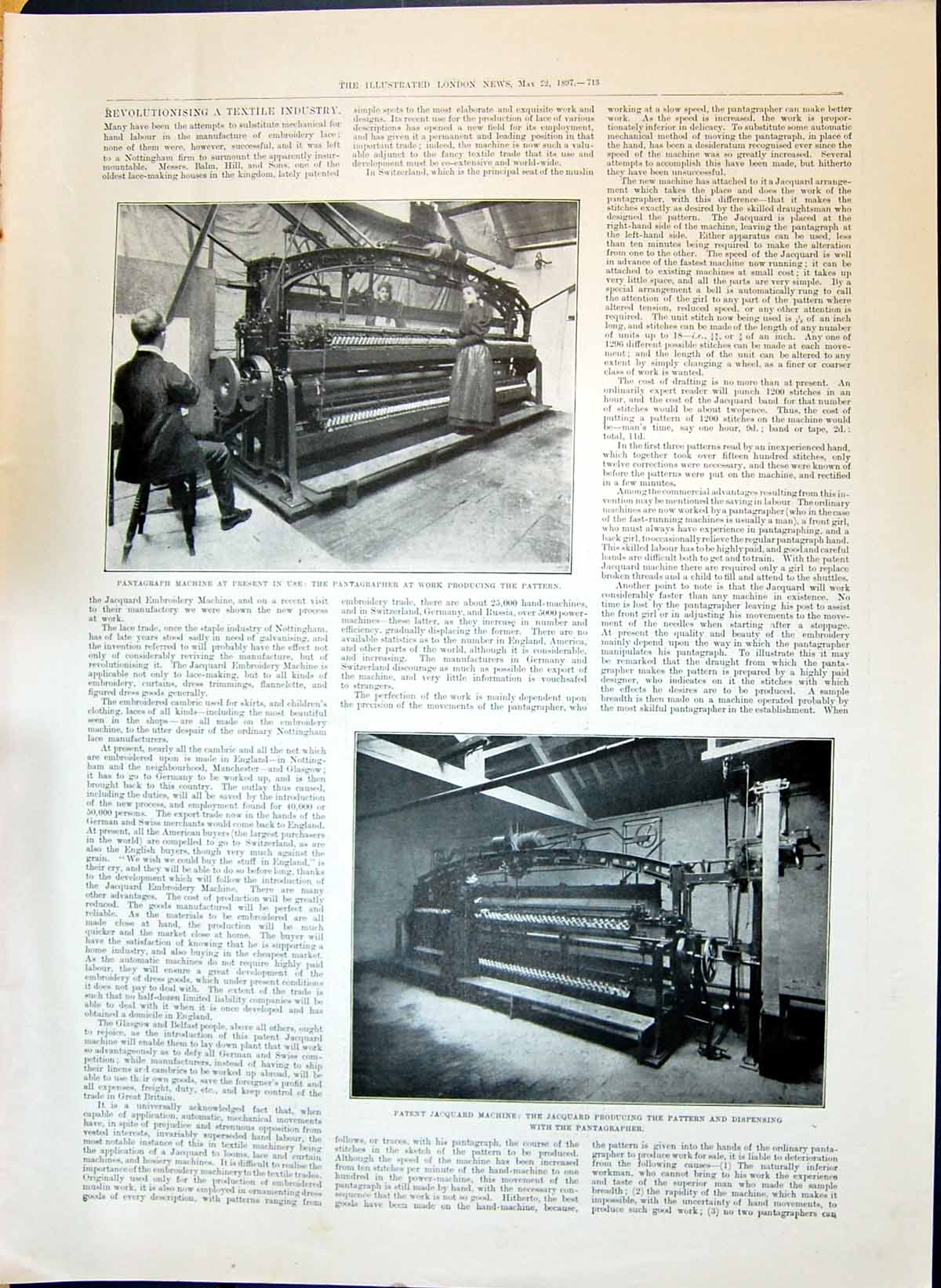 Old 1897 Pantagraph Machine Patent Jacquard Machine Producing Pattern Victorian