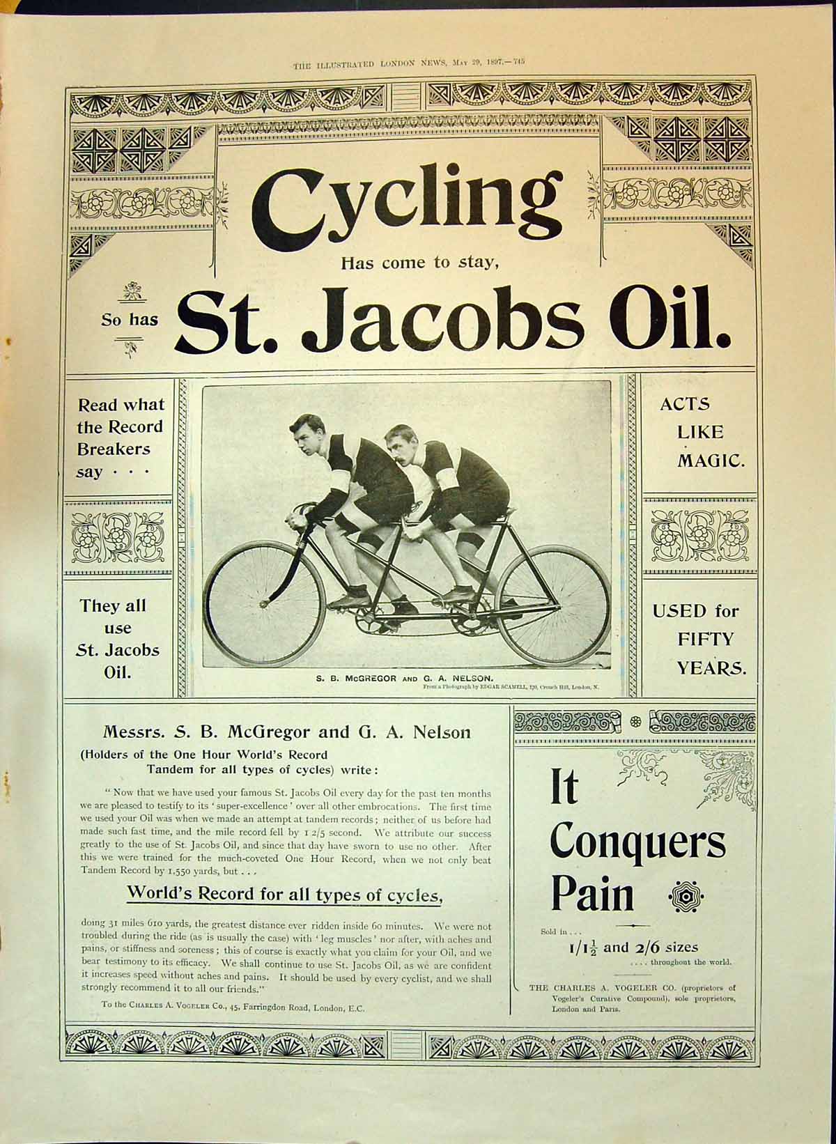 Old 1897 Cycling St. Jacobs Oil Advertisement Mcgregor Nelson Charles Victorian