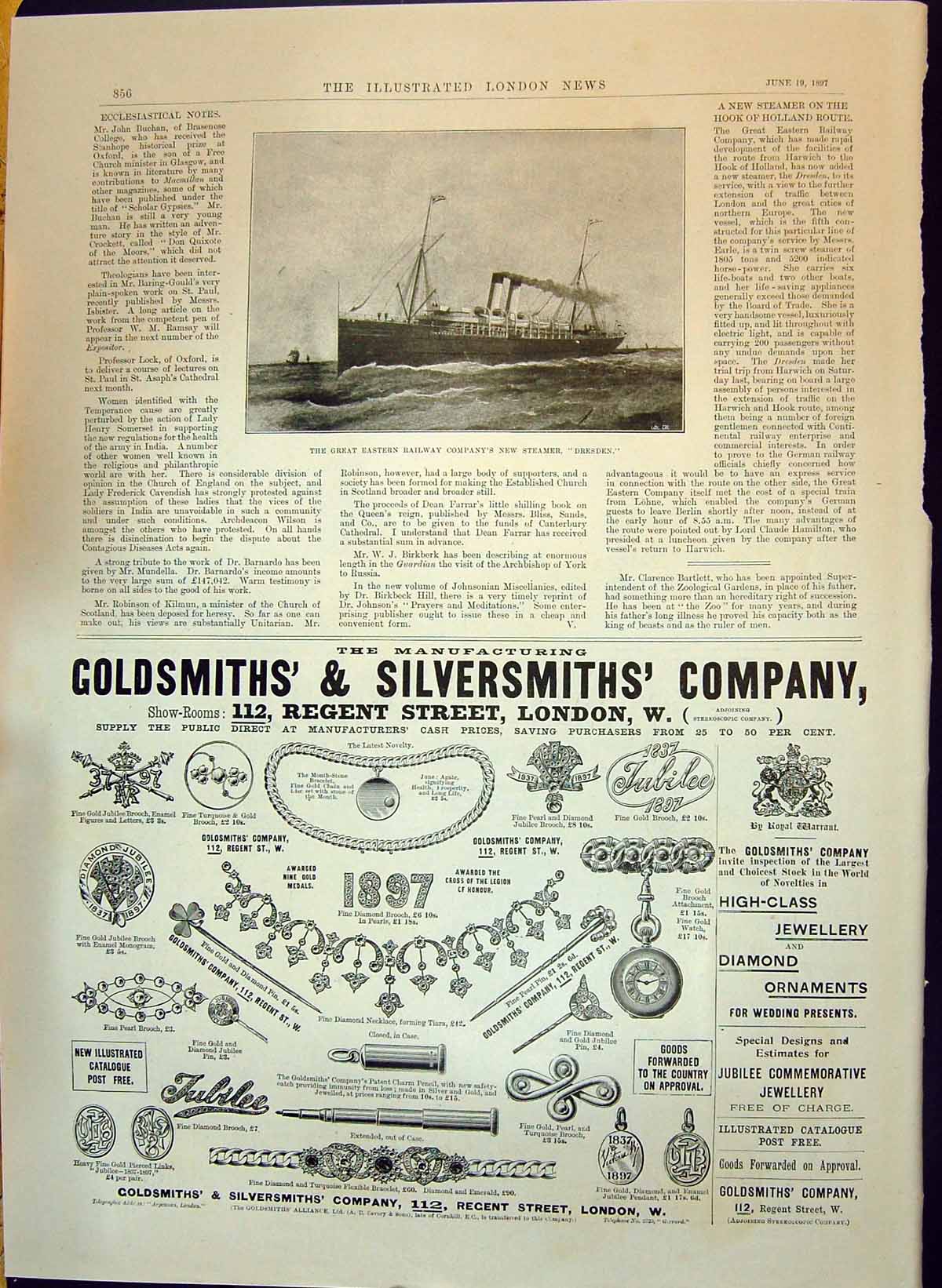 Old Print 1897 Great Eastern Railway New Steamer Dresden Gsmiths Adverti 19th