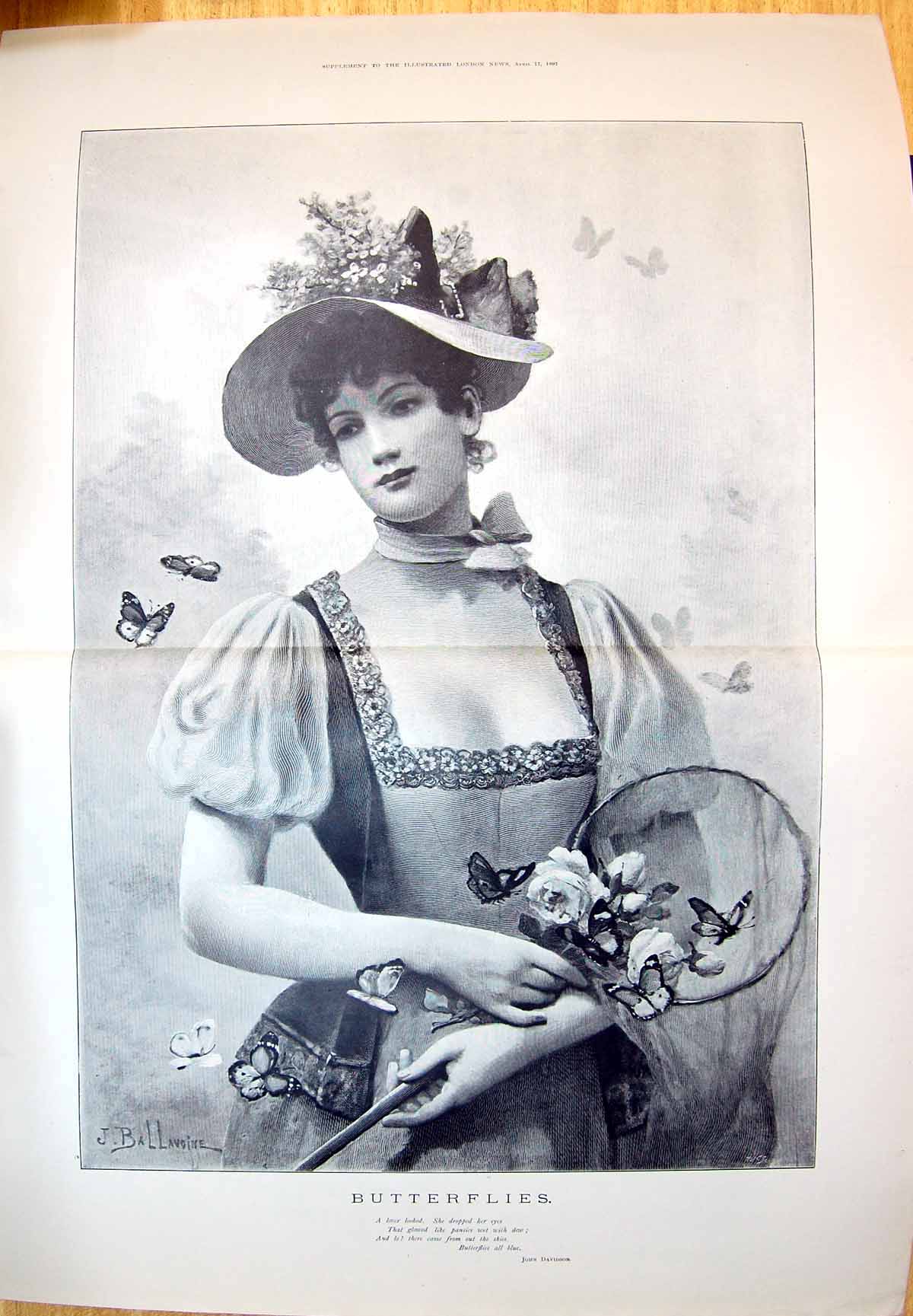 Old 1897 Butterflies Young Pretty Woman Lady Portrait John Davidson P 19th