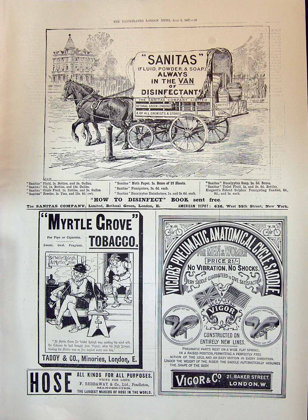 Old 1897 Sanitas Disinfectant Myrtle Tobacco Hose Vigor Cycle Saddle Victorian