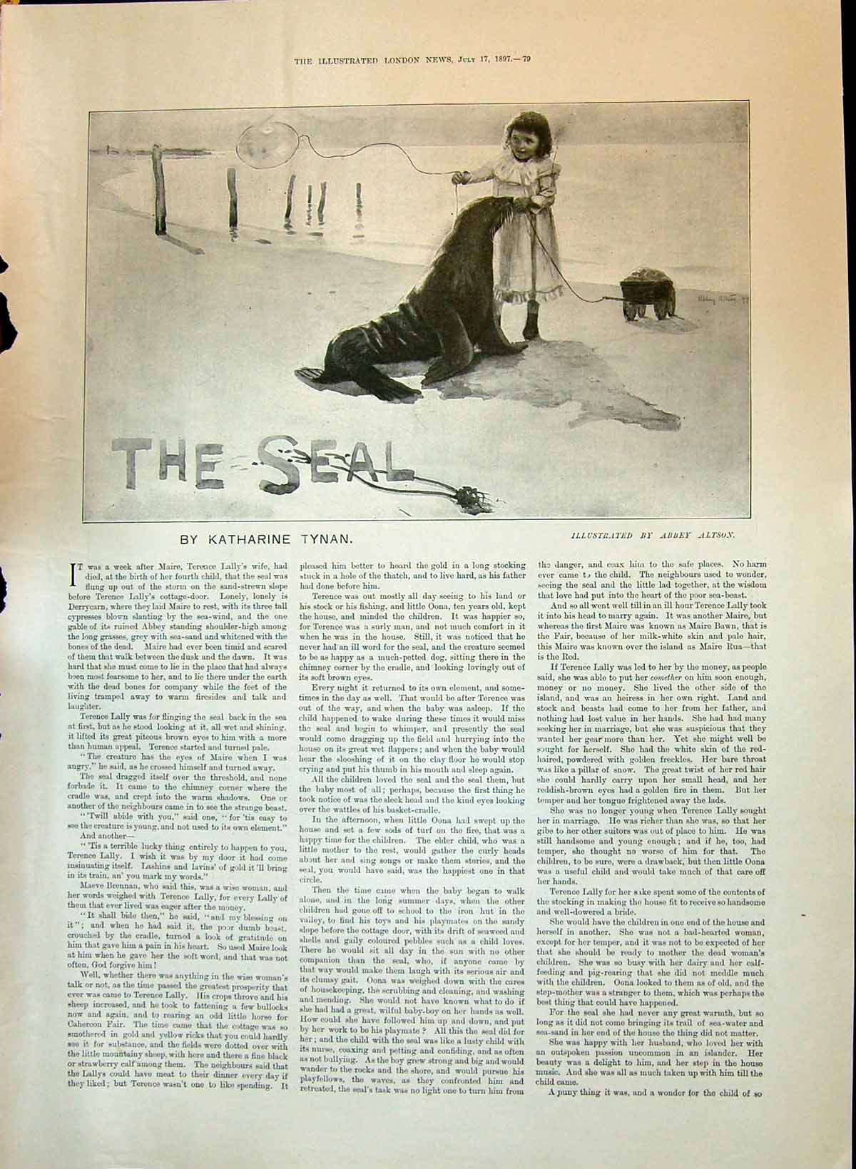 Antique Old Print 1897 Little Girl Seal Tynan Story Children Boat Sea Scene