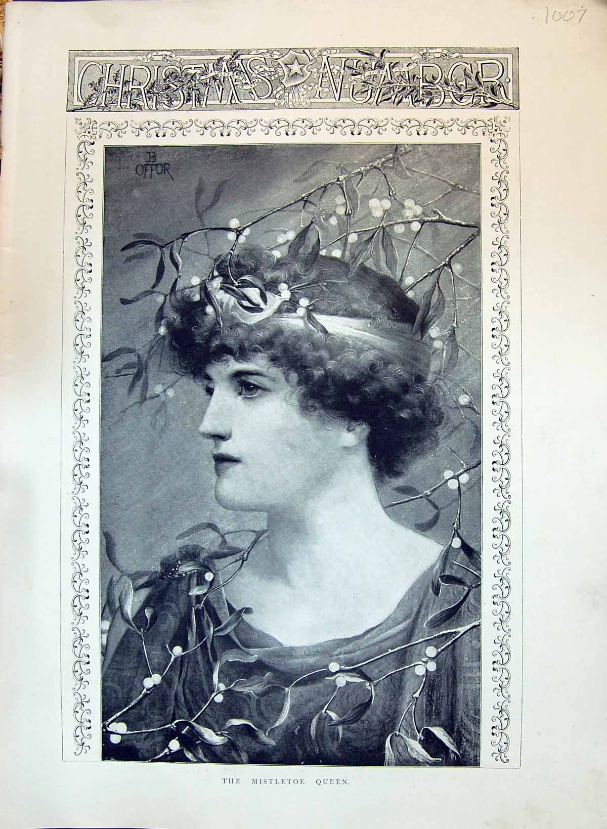 Antique Old Print 1897 Portrait Mistletoe Queen Beautiful Woman Christmas 19th