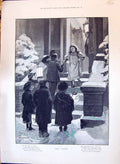 Old 1897 Christmas Family Home Children Carol Singers Gifts Snow Scen 19th