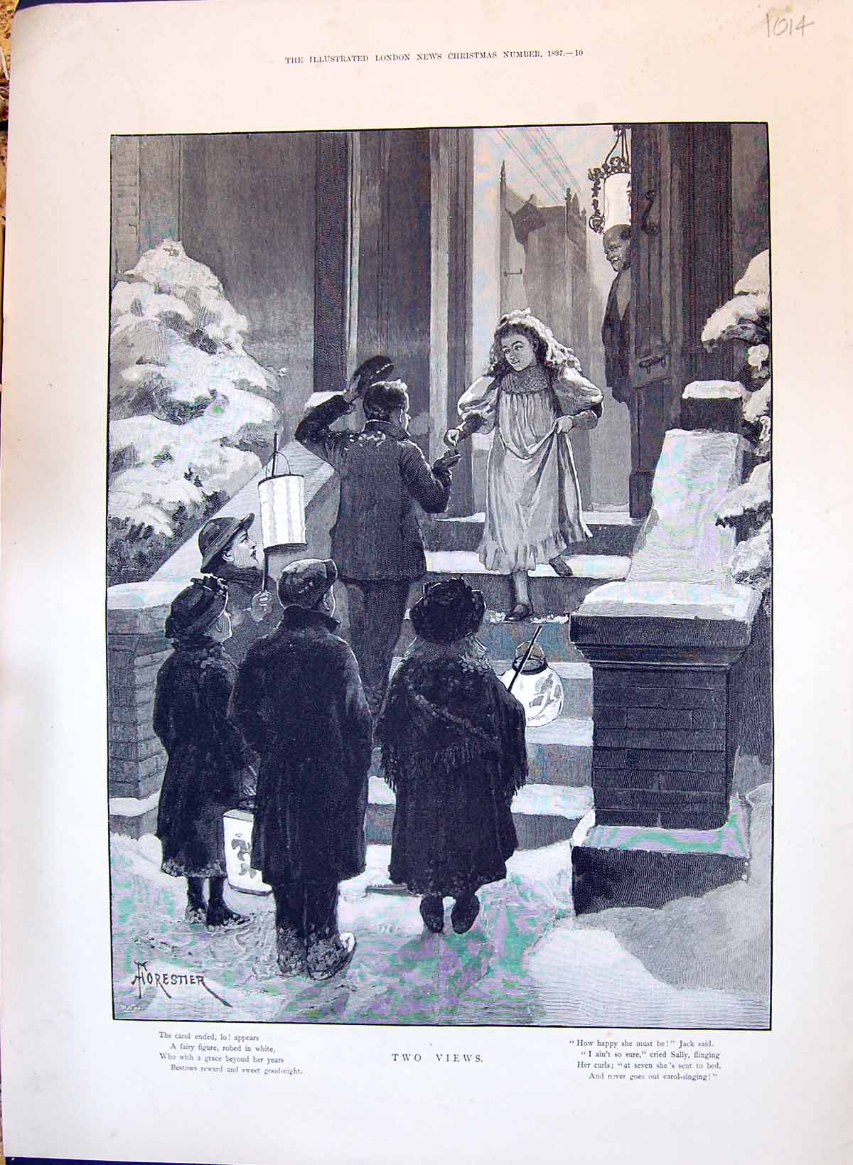 Old 1897 Christmas Family Home Children Carol Singers Gifts Snow Scen 19th