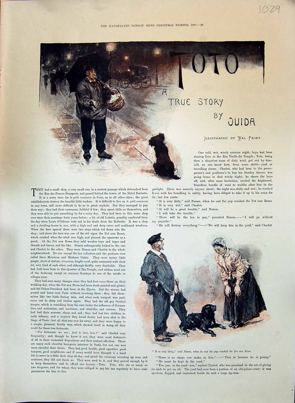 Antique Print 1897 Illustration Story Toto Man Umbrella Dog Children Paget
