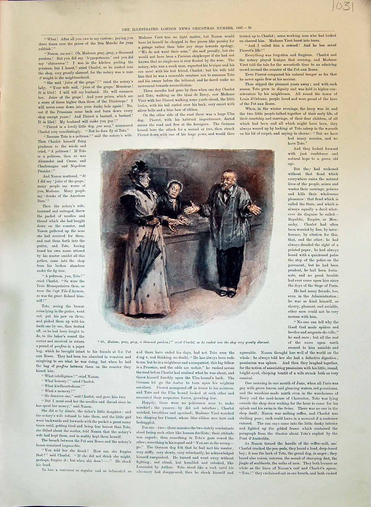 Old Antique Print 1897 Colour Madame Lady Man Shop Assistant Policeman 19th