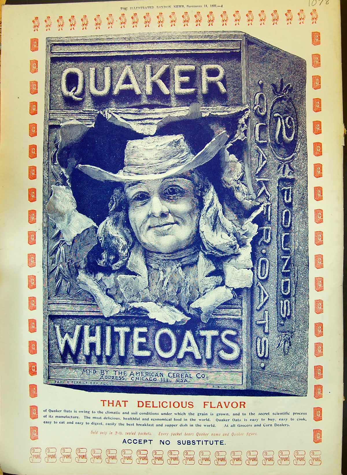Original Old Antique Print 1897 Advertisement Quaker White Oats Paul Derrick