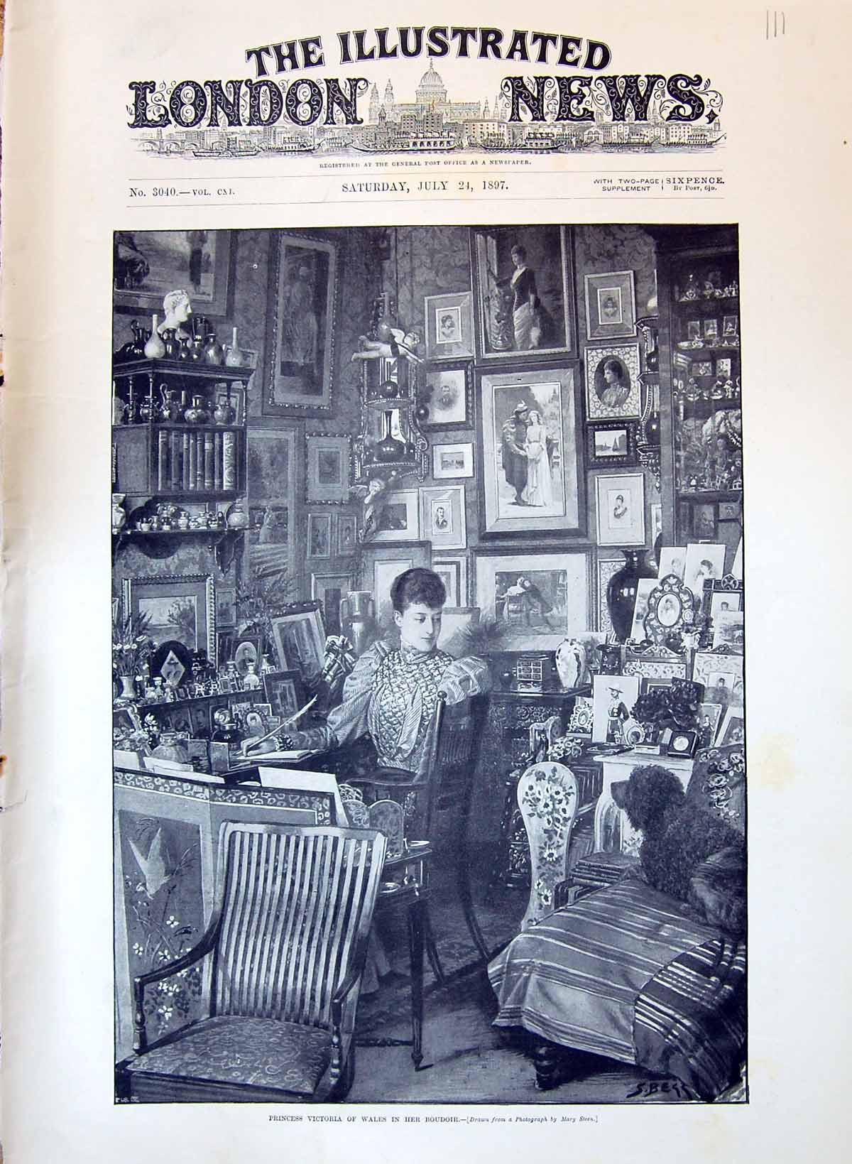 Old Antique Print 1897 Princess Victoria Wales Boudoir Pet Dog Pictures 19th