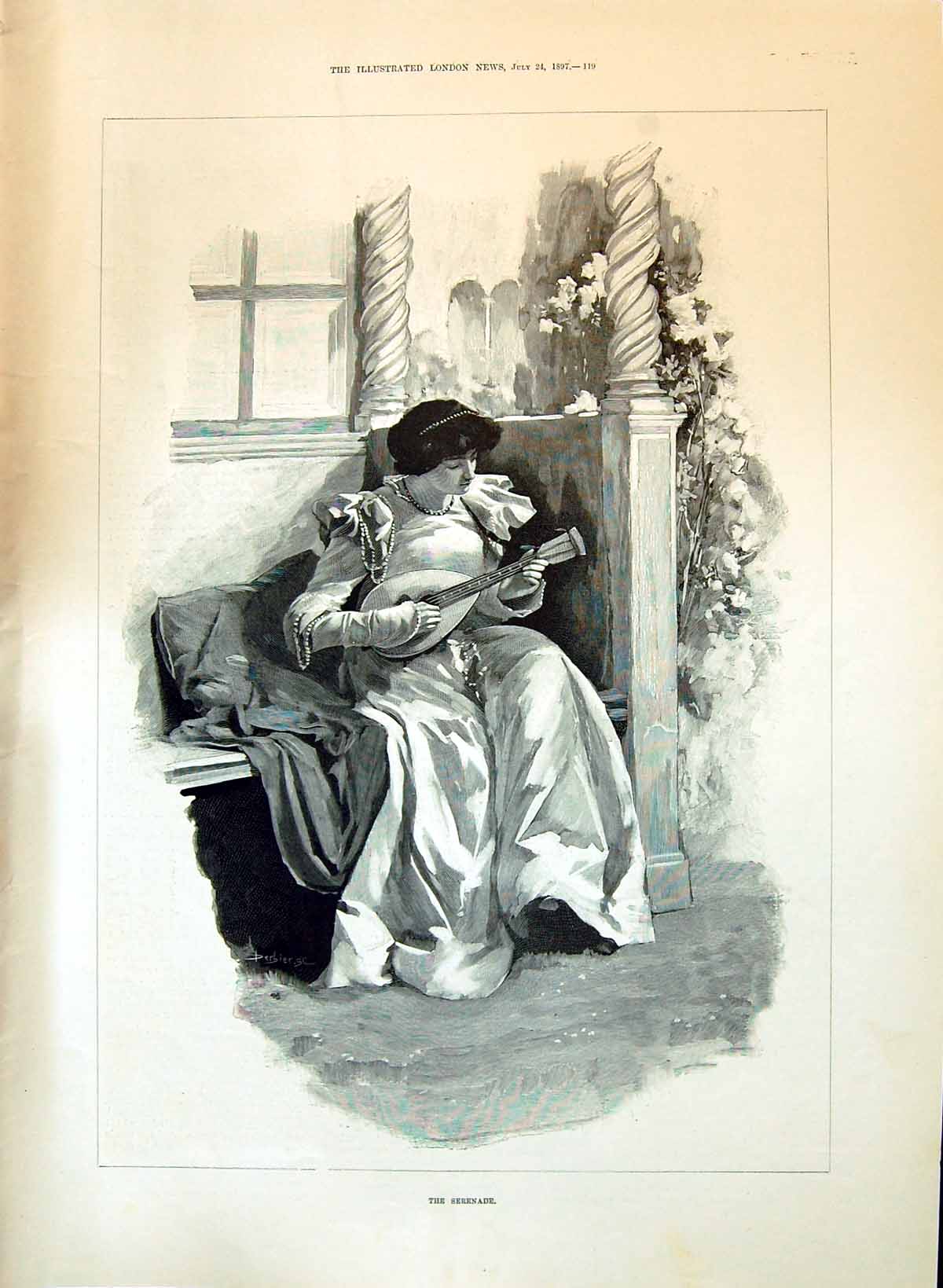Old 1897 Woman Musical Serenade Man Axe Camp Fire Illustration Morley Victorian