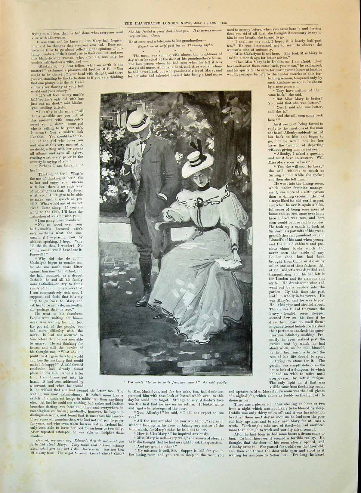 Antique Old Print 1897 Lady Man Romance Garden Scene House Shattered Flowers