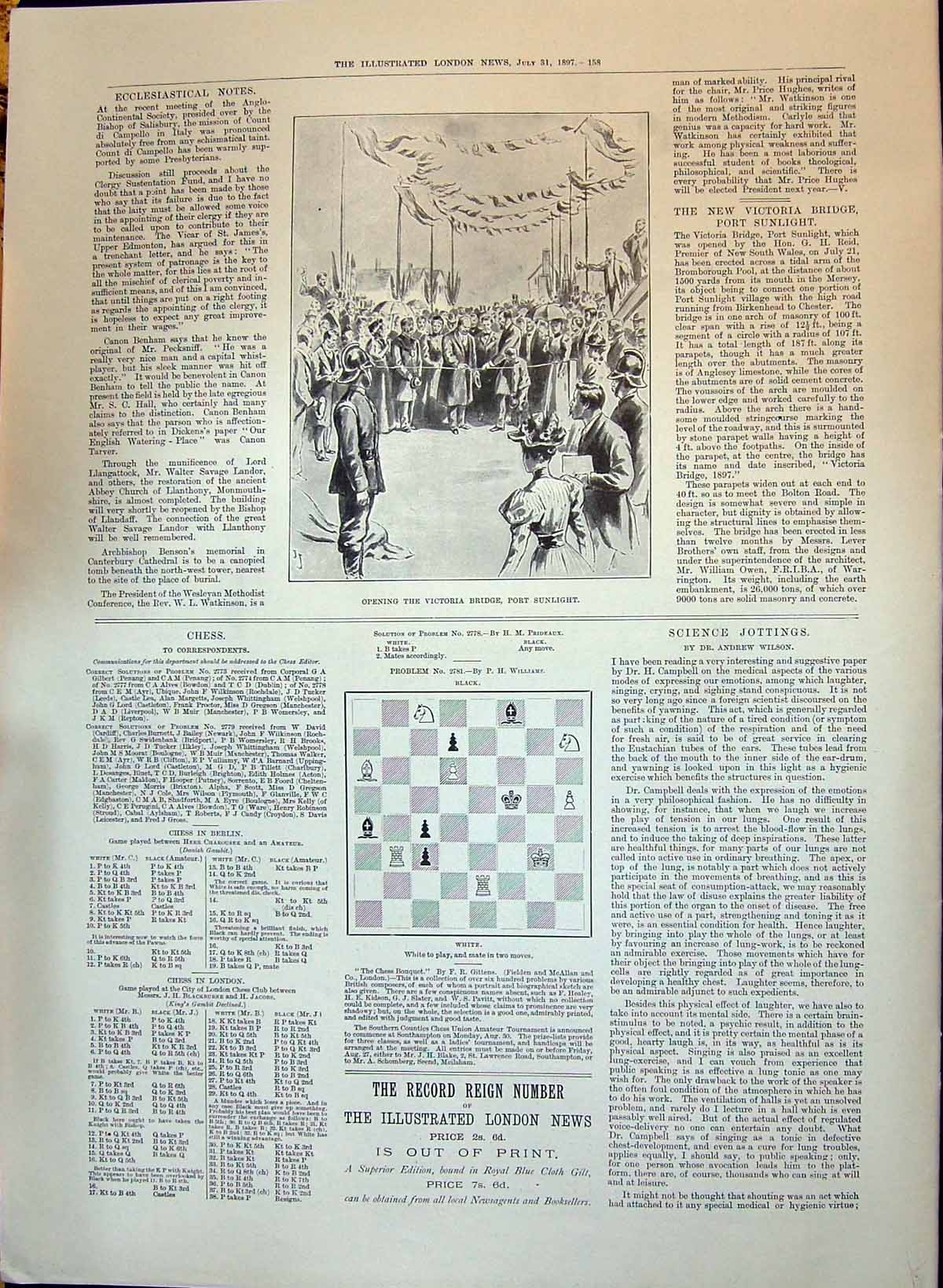 Old 1897 Opening Victoria Bridge Port Sunlight Chess Board Williams B Victorian